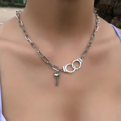 China New Fashionable Vintage Silver Plated Hiphop Key Punk Lock Pendant Cuban Chain Necklace For Women for sale