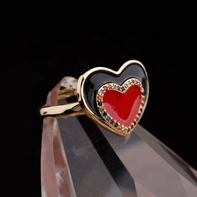 China 2021 Gold Plated Multicolor Zircon Cute CZ Adjustable Brass Crystal Enameled Heart Design Ring For Women for sale