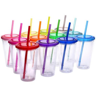 China 16 oz viable. Reusable Wall Insulated Juice Cup Acrylic Hard Plastic Double Tumbler With Lid And Straw for sale