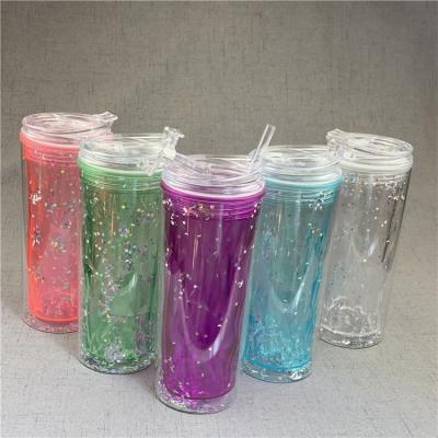 China Crystal Shake Tumbler Cup Plastic Double Wall Stocked Colorful Tumbler Tumbler with Flip Lid for Hot or Cold Drinks for sale