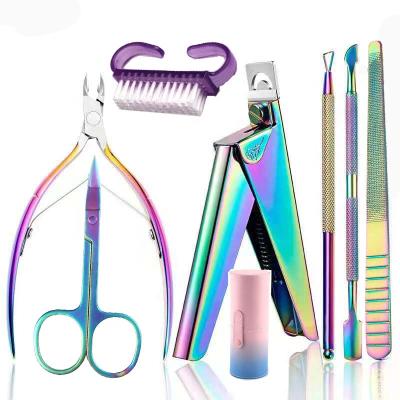 China Tools 7pcs/set Color Cuticle Full Titanium Pliers Dead Skin Folder One Nail Cross Type Steel Remover Push Shear Knife Nail Beauty Cleaning Tool for sale