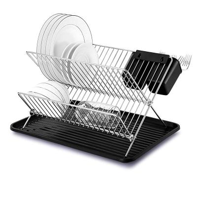 China Sustainable Foldable And Compact Kitchen Stainless Steel 2-Tier Dish Drainer Drying Rack for sale