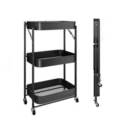 China 3 Layer Metal Sustainable Storage Shelves Movable Folding Collapsible Kitchen Organizer Rack for sale