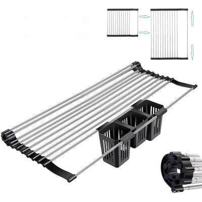 China Amazon Sustainable Hot Sale Customized Kitchen Stainless Steel Roll Up Dish Drying Rack Above Sink for sale