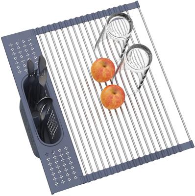 China Sustainable Kitchen Collapsible Over Sink Stainless Steel Roll Up Dish Drying Rack for sale