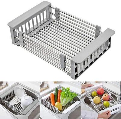 China Adjustable Armrest Vegetable Fruit Storage Stainless Steel Drain Basket Dish Drying Adjustable Telescopic Rack for sale