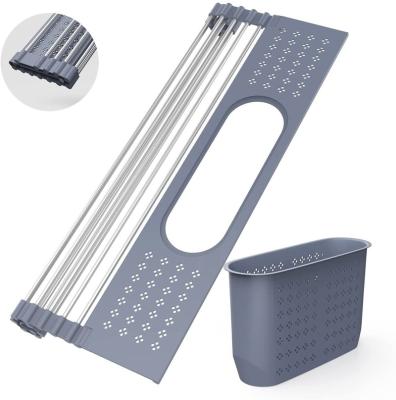 China Durable Non-Slip Rustproof And Heat Resistant 304 Stainless Steel Foldable Over Sink Roll Up Dish Drying Rack 22.8