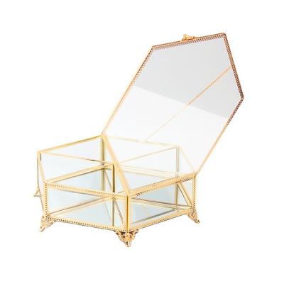 China Luxury Large Copper Frame Box Beauty Metal Glass Jewelry Cosmetics Glass Storage Box for sale