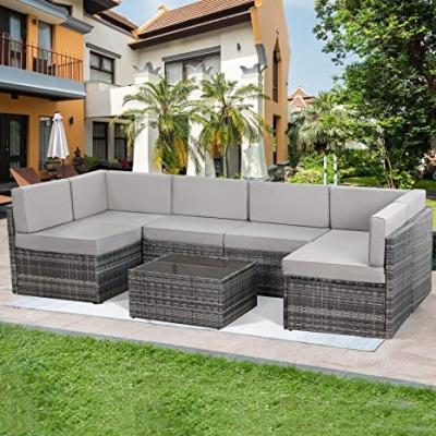 China Modern 7 Piece Sofa Patio Furniture Sets Outdoor Sectional PE Rattan Wicker Patio Conversation Set with 6 Gray Chairs and 1 Table for sale