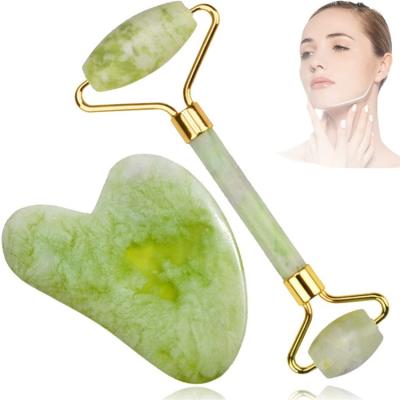 China High Quality Silent Natural Green Jade Skin Care Roller Face Jade Roller Facial Massage Guasha Set With Box for sale