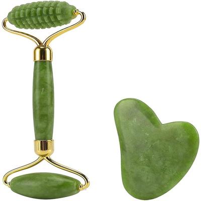 China Wholesale Fashionable Natural Jade Dual Head Roller Massage Jade Roller Face Roller Gua Sha Set for sale