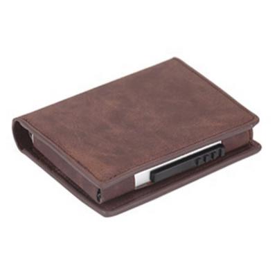 China Fashion RFID Blocking Aluminum Leather Push Button Credit Card Holder Wallet for sale