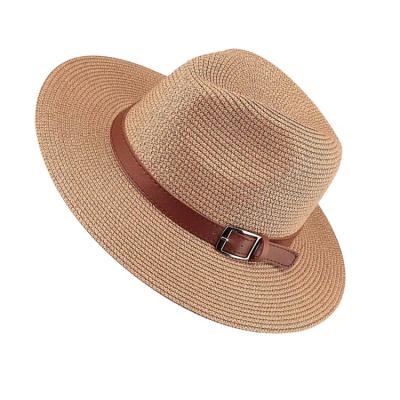 China Wholesale Promotional Paper Belt Buckle Women Dobby Straw Fedora Hat Classic Wide Brim Straw Panama Hat for sale