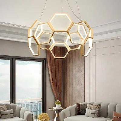 China Hexagon LED Acrylic Commercial Chandelier Modern Decorative Lamps Originality Strong Bearing Capacity for sale