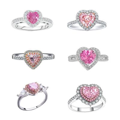 China Trendy Women Fine Jewelry China Manufacturer Halo Pink Heart Diamond 18K White Gold Pltaed 925 Sterling Silver Cz Pink Heart Rings for sale