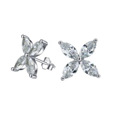 China Elegant Romantic Marquise Cut Zircon Big Stone 18K White Gold Plated 925 Sterling Four Clover Crystal Stud Silver Earring for sale