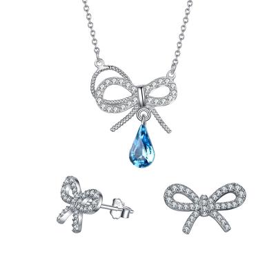 China Luxury High Quality Bowknot Stud Earring Gemstone 18K White Gold Plated Silver Zircon 925 Bride Jewelry Set Wedding Necklace Gift for sale