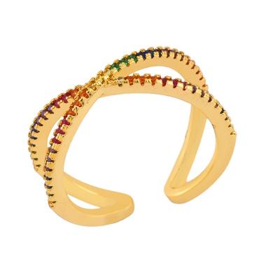 China FASHIONABLE Wholesale Jewelry SAR7273 Sevena Colorful Zircon Gold Plated Rainbow Copper Rings X Shaped Ring for sale