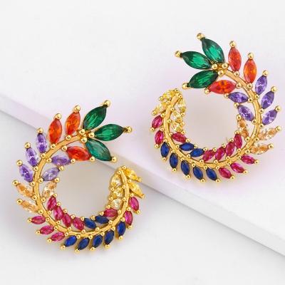 China Leaf High End Jewelry Marquise Gemstone Olive Branch Colorful From Sevenajewelry Sae6434 2021 Gold Plated Brass Studded Earrings Women for sale