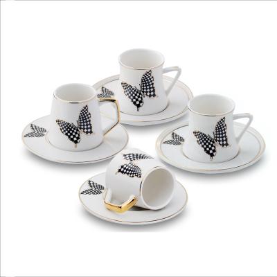 China 2020 Sustainable New Bone China Butterfly Mug Gold Handle 6 Set Embossed Ceramic Coffee Cup Mug for sale