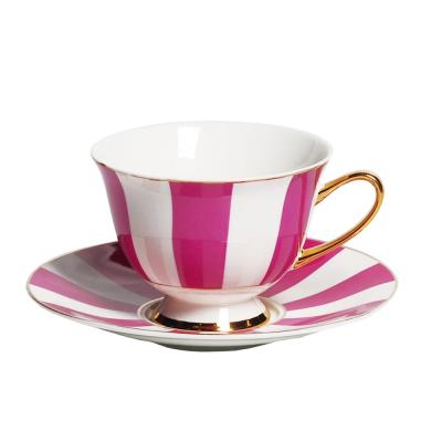 China Viable set of 6 Chaozhou porcelain drinkware wholesale custom stripe design tea cups and saucers with gold rim for sale