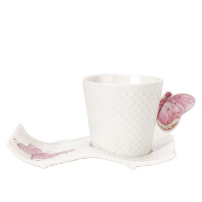 China Sustainable Eco Friendly Bone China Tea Cup Set With Pink Butterfly Decoration for sale