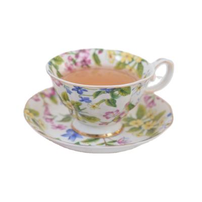 China Factory direct England style new bone china gold ceramic flower viable rim luxury tea cup with saucer for sale