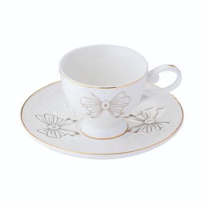 China New viable ceramicsmall bone china simple white porcelain embossed cup saucer with gold rim for sale