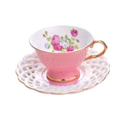 China Viable Ceramic Cup Set of 1 Cup and Saucer Coffee Wholesale Porcelain Tea Set Rose Gold Rim Decal with Hollow Cut Design for sale