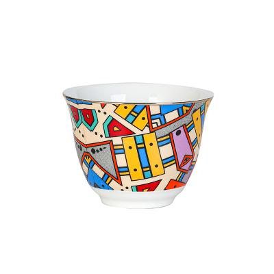 China Viable 6 pcs set printed colorful decal round cup cawa with gold rim design for sale