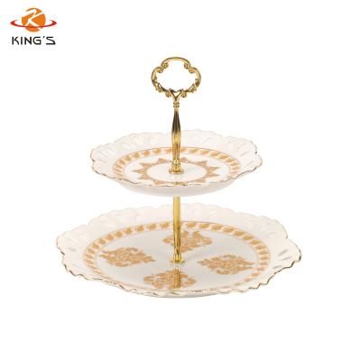 China Latest Sustainable Product Wedding Ceramic Gold Cake Stand 2 Tier for sale