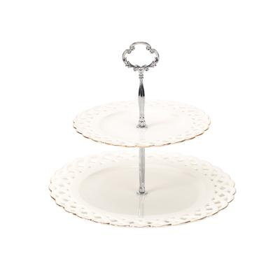 China Sustainable New Design 2 Tiers White Ceramic Cake Plate for sale