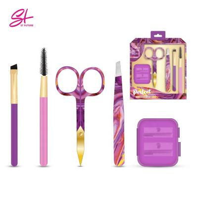 China Future Eyebrow St Eye Beauty Scissors Cleaner 2 Pcs Eyebrow Brush Tweezers 5 In 1 Portable Eyebrow Tool Gift Set for sale