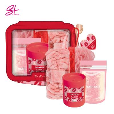 China Valentine's Day Series St Future Valentine Beauty Spa Gift Set With Bath Ball Bath Salt Key Band Scented Candle Cosmetic Pouch for sale