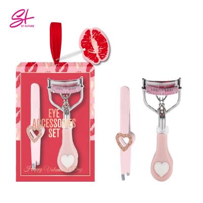 China Pink Color St Future Gift Set 2 Pieces Stainless Steel Eyelash Curler Makeup Tool Eyelash Eyebrow Applicator Pink Tweezers Set for sale