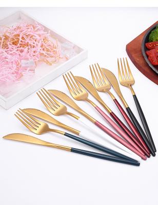 China Sustainable Luxury Gold SS430 Curtlery Knife Spoon Fork Set Stainless Steel Knives And Forks Cutlery With Colored Handle for sale