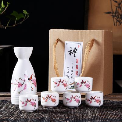 China Viable 7 Pieces Sake Set Traditional Porcelain Pottery Japanese Pottery Gift Box Ceramic Wine Glass Sake Set for sale