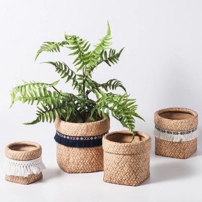 China Small Modern Ceramic Flowerpot Weave Farmhouse Pattern Pots For Succulents Planter Pot De Plantse Tassel Bag Shape Flower Pot With Hole for sale