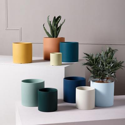 China Modern Nordic Outdoor Colorful Ceramic Succulent Pots Green Plant Pot Cylindrical Shape Flower Pot Planter Pot With Tray for sale