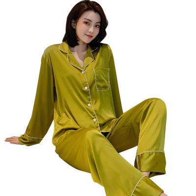 China 2021 High Qaulity 2pcs QUICK DRY Ladies Button Down Pajamas Female Soild Loungewear Silk Like Satin Pajamas Women Sleepwear for sale