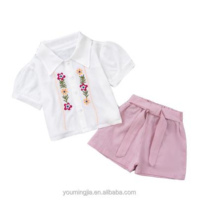 China Korean Summer Children Breathable Clothing Suit Girls Flower Embroidery Kid Solid Color Short Sleeve Shorts Suit for sale