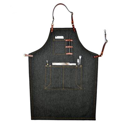 China Bartender Work Apron Floral Customized Denim Leather Cleaning Apron Western Apron Restaurant Cafe Hairdresser Apron for sale