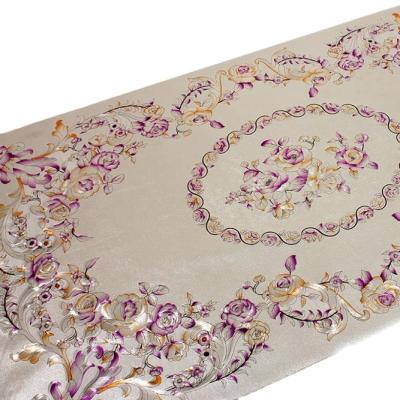 China Oilproof Purple Plastic Transfer Printed Tablecloth With Polyester Fabric for sale