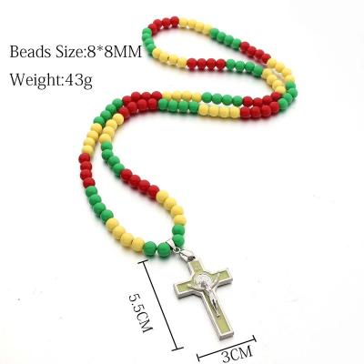 China New Arrival Catholic Resin Rosary Bead Colorful Luminous Rainbow Acrylic Prayer Beads Cross Necklace For Women for sale