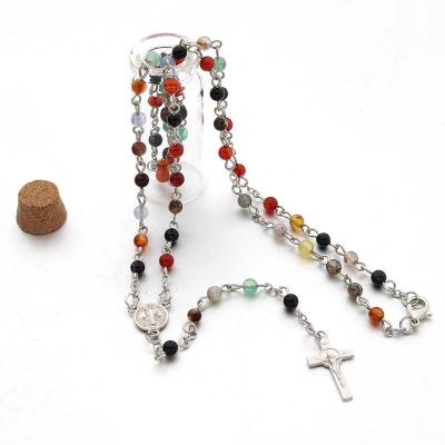 China Wholesale Natural Stone Catholic 4mm Crucifix Agate Cross Necklace Silver Plated Necklace Chains Custom Agate Rosary Catholic Rosaries for sale