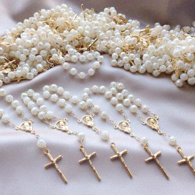 China Mini Rosaries Baptism Rosaries Religious Acrylic Ivory Faux Beads Finger Color Rosary Beads Recuerdos For Baptism Weddings for sale