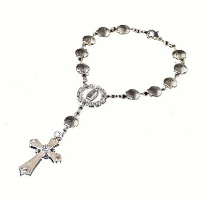 China Hot Sale Religious Hollow Out Vintage 8MM Silver Color Shell Beaded Rosary Bead Bracelet Mary Cross Prayer Beads Virgin Bracelet For Women for sale