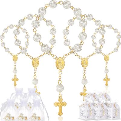 China Religious Baptism Favors Set Include Ivory Acrylic Rosary Beads Faux Pearls White Organza Bags With Cross Drawstring Baptism Favor Boxes for sale