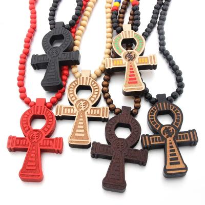 China Hiphop Mens Hiphop Jewelry Egyptian Wooden Necklace 8mm Bead Chain Ankh Cross Necklace for sale