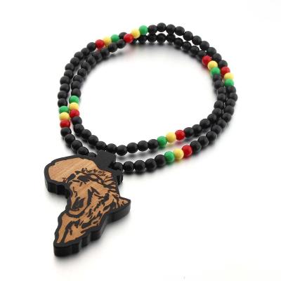 China African Lion Design African Map Pendant Necklace Chain Map Necklace Natural Wooden Bead Chain Hiphop Hiphop Rastafarian for sale